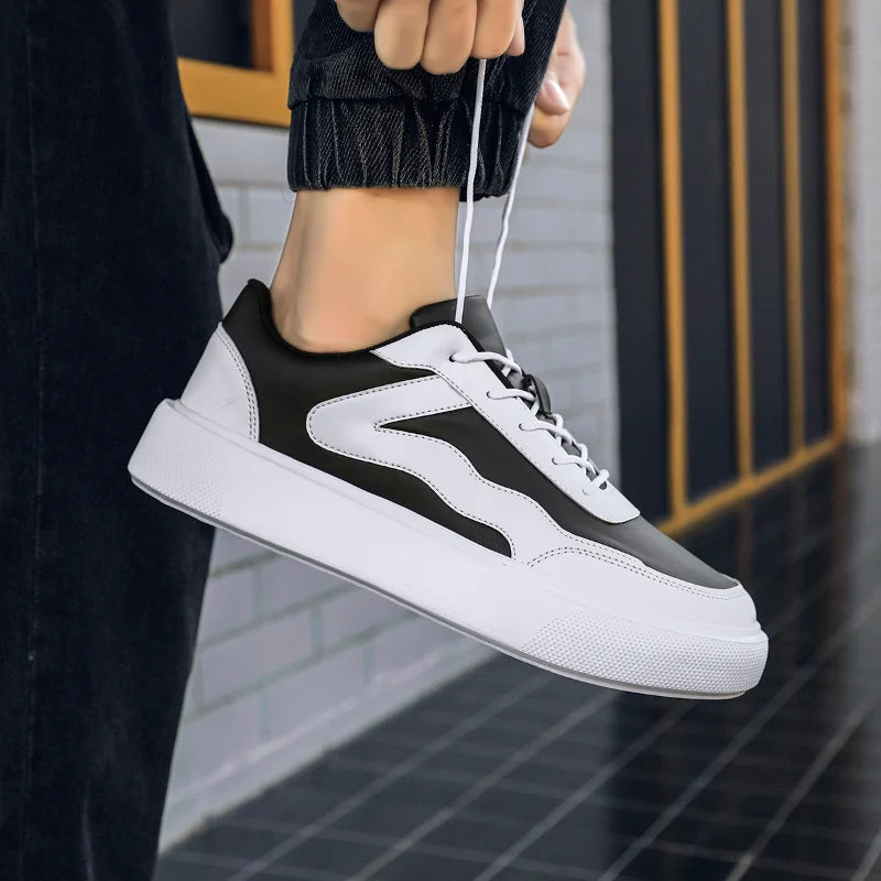 Outdoor Men's Sneakers Comfortable Leather Men's Platform Shoes Casual Lace-up Vulcanized Shoes Black White Walking Shoes - Clikcy