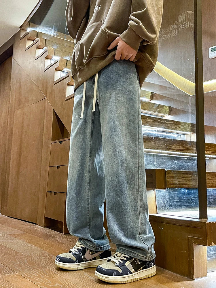 Men's Spring Summer Semi-Wide Leg Jeans Korean Fashion Washed Cotton Casual Denim Pants Black Blue Straight Trousers - Clikcy