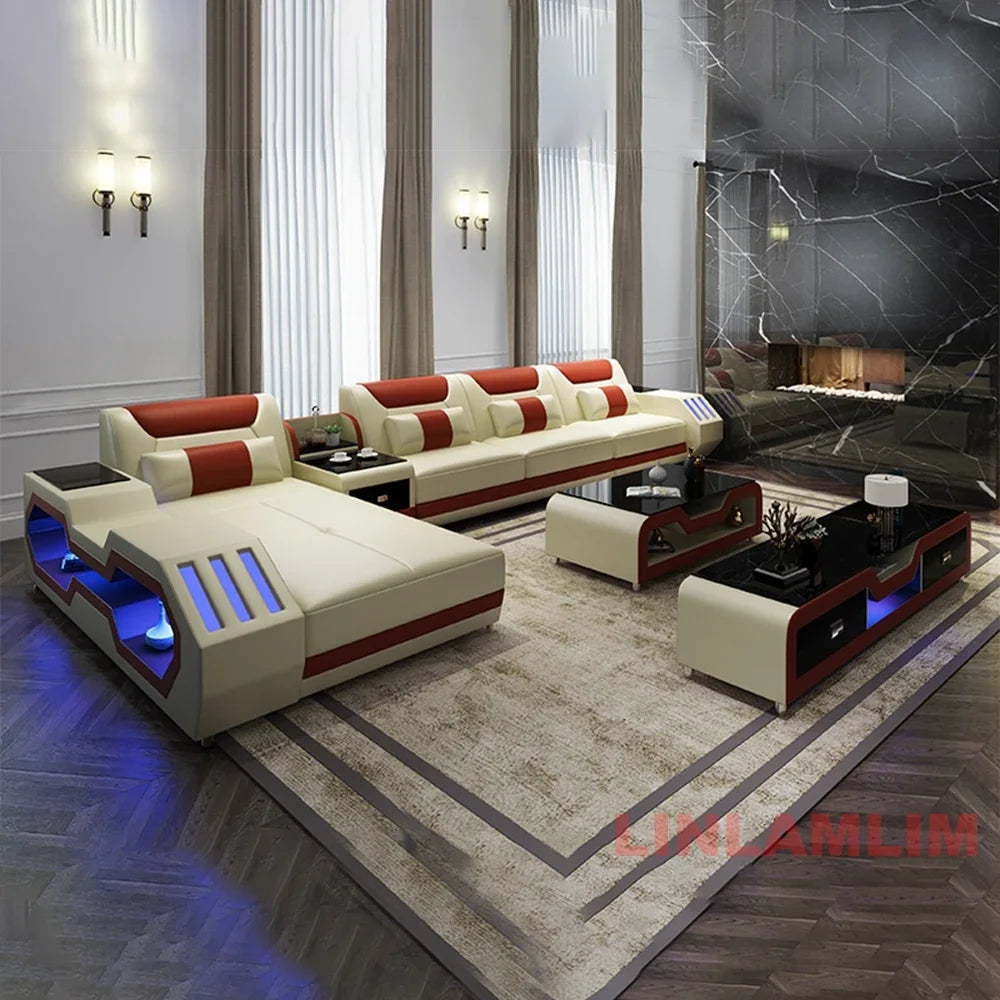 Modern LED Lighted Sofa Set with Recliner, Adjustable Headrest & Console | Luxury Leather Sectional Couch | Futuristic Furniture - Clikcy