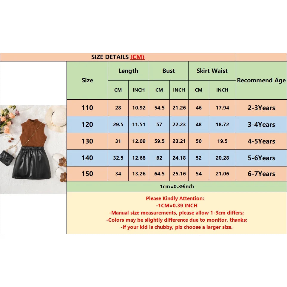 Clothes for Kids Girl 2-7 Years 2PCS Fashion Girl Sleeveless T-shirt Leather Skirt Costume Summer Children Girl Holiday Outfits - Clikcy