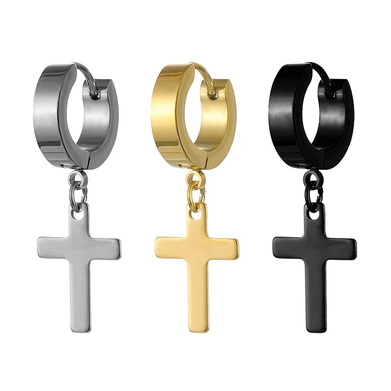 2pc Stainless Steel Men Cross Stars Punk Dangle Earrings Gothic Woman Cross Ear Hoop Earrings Huggies Pendant Piercing Jewelry - Clikcy