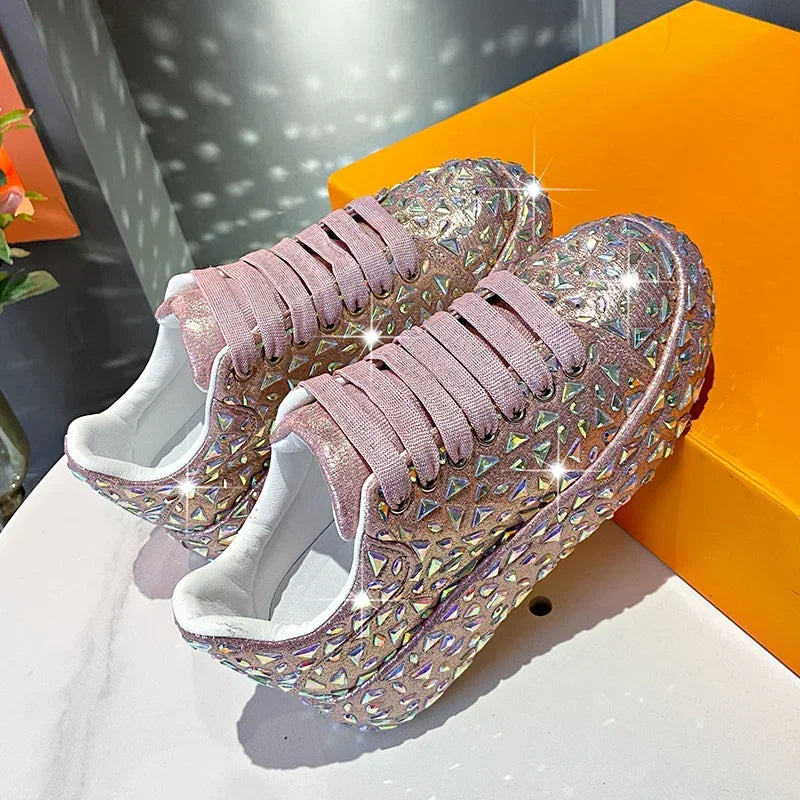 2025 Autumn Leather Women Shoes New Style Fashion Platform Shoes Ins Platforms Sneakers Tide Shine Bling Rhinestone Shoes - Clikcy