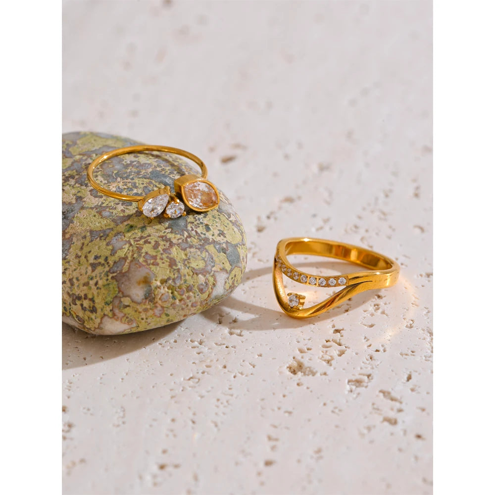 Yhpup Size 6 7 8 Delicate Shiny CNC Cubic Zirconia Ring High Quality 18K Gold PVD Plated Stainless Steel Finger Jewelry Gift - Clikcy