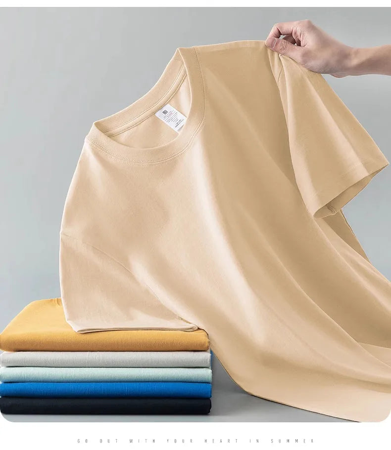 Heavyweight round neck pure cotton short sleeved t-shirt loose solid color white t men's and women's bottom shirt solid color - Clikcy