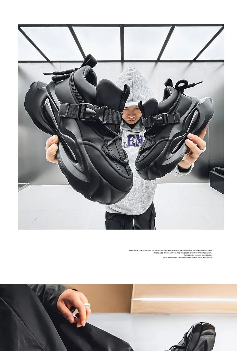 Waterproof Thick Bottom Dad Shoes Outdoor Sports Black Leather Surface Pure Color Spring Autumn Seasonal Style Casual Sneakers