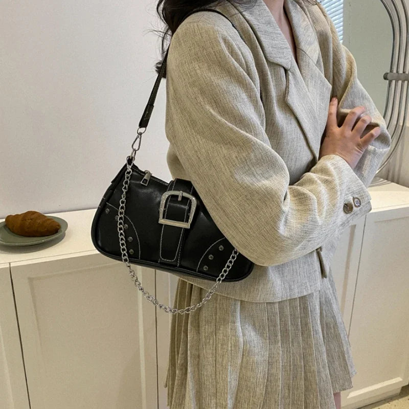 Vintage Rivet Women's Shoulder Bags Solid Color Ladies Underarm Bag Fashion Chain Small Handbags PU Leather Female Tote Purse - Clikcy