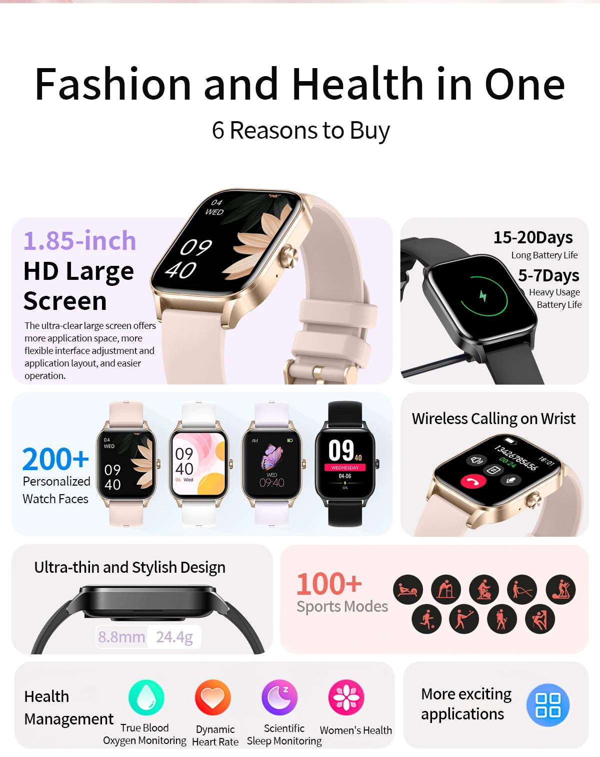LIGE Fashion Smart Watch Women 1.85” HD Screen Custom Watch Face Women’s Health Monitor Watch Bluetooth Call Sports Smartwatches - Clikcy