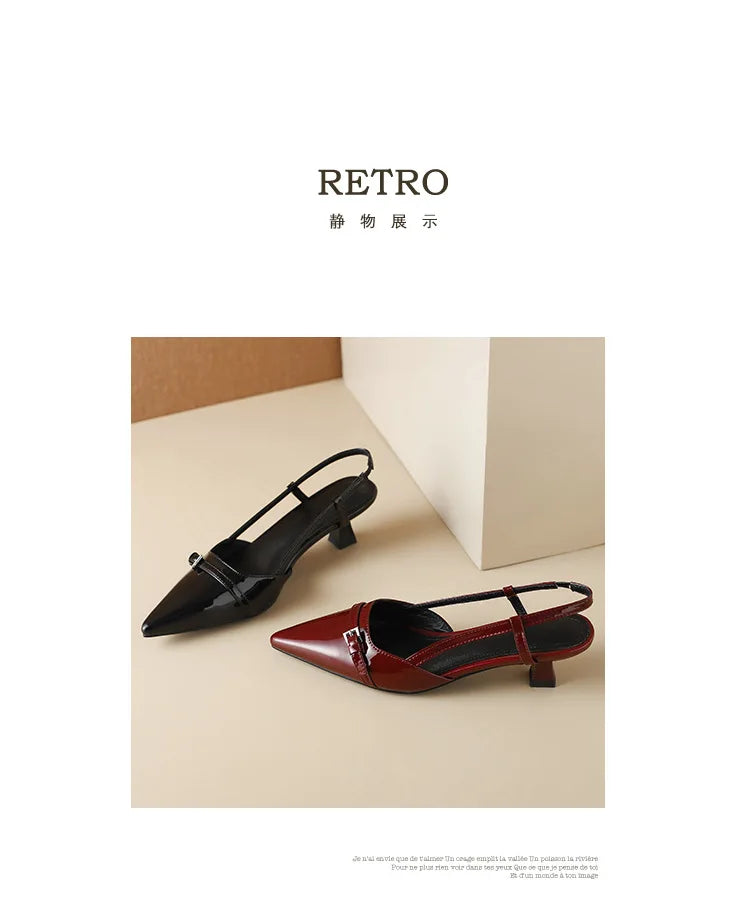 2024 New Summer Women's Dress Shoes Patent Leather Slip on Pointed Toe Sandals Buckle Slingbacks Mid Heels Pumps Sandalias Mujer - Clikcy
