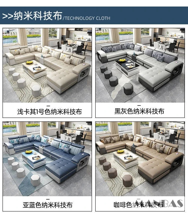 Linlamim Fabric Sofa Set Furniture Living Room Sofa Set with USB and Stools / Big U Shape Cloth Couch Sofas for Home Furniture