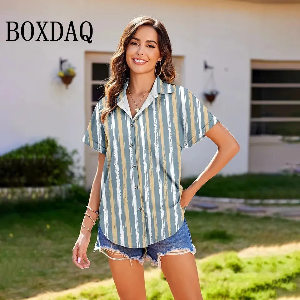 Summer Women'S Shirt Vintage Striped Lapel Blouses Women'S Plus-Size Loose Short Sleeve Tops Fashion Button Casual Blouse Shirt - Clikcy