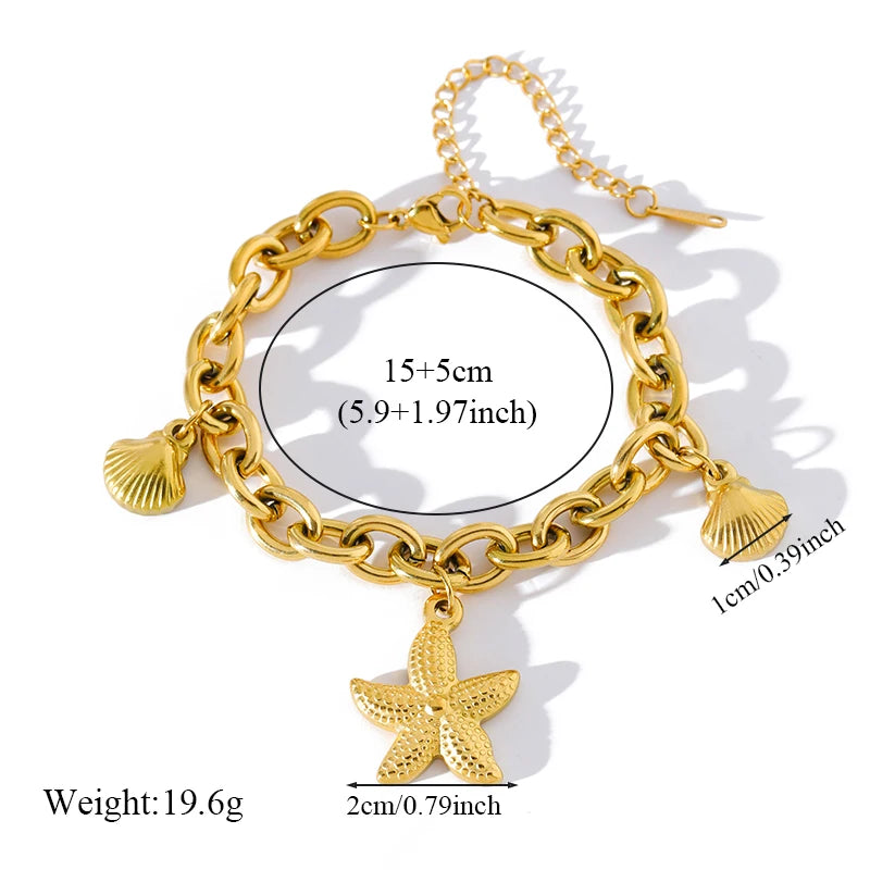 EILIECK 316L Stainless Steel Gold Color Starfish Shells Charm Bracelet For Women New Trendy Wrist Chain Jewelry Holiday Gifts - Clikcy