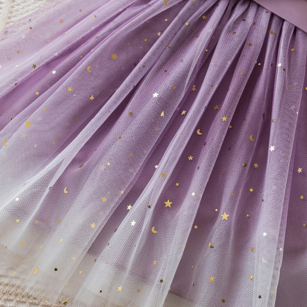 New Children's Dress for 3-8 Yrs Summer Dress Lotus Leaf Edge Design Bow Lace Up Star Sequin Sweet  Tulle Kids Dresses for Girls - Clikcy