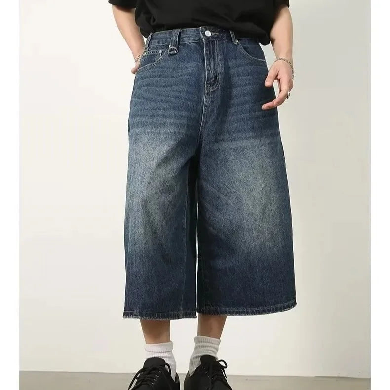 Summer Men's Casual Vintage American Blue Jeans Short Pants Loose Straight Wide Leg Seven Parts Draping Feeling - Clikcy
