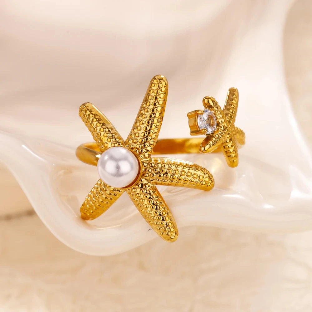 Ocean Starfish Shell Open Rings For Women Gold Color Stainless Steel Ring Summer Beach Aesthetic Waterproof Jewelry Gift - Clikcy