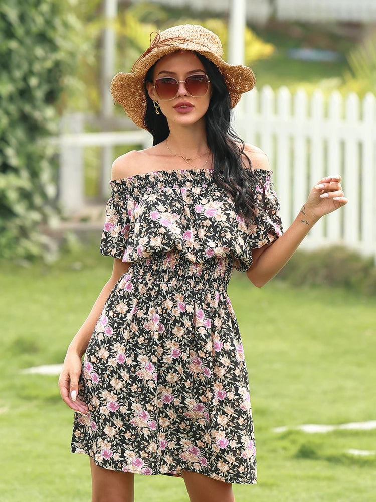 2025 Spring and Summer New Women's Random Printed Pullover Dress One Collar Midi Dress Beach Seaside Holiday - Clikcy