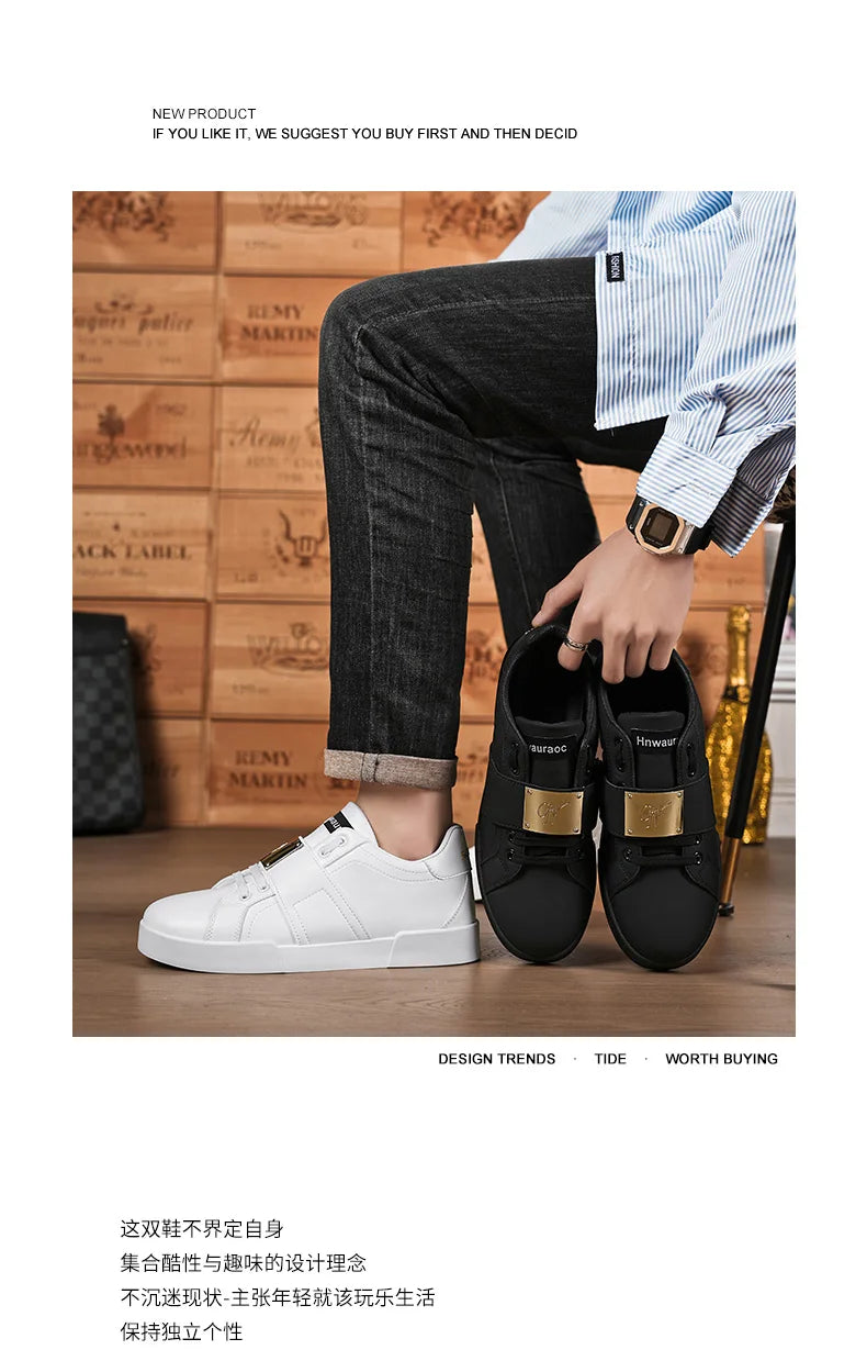 HKDQ Classic Black Sneakers For Men Fashion Design Leather Casual Sneakers Man Street Style Comfortable Men's Skateboard Shoes