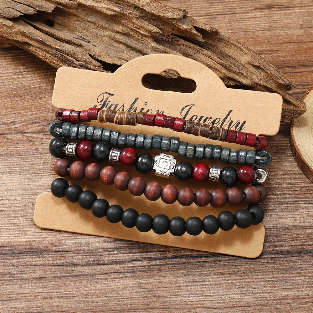 Cross Life Tree 5Pcs/set Vintage Bronze Ethnic Casual Wood Beads Feather Charm Leather Women Bracelets Men Male Jewelry - Clikcy