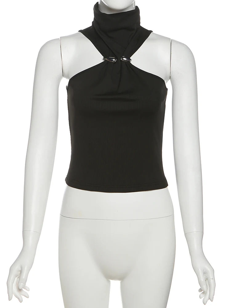 Cutenew Metal Bodycone Halter Women Tanks Classic Solid Stand Collar Skinny Cropped Vests Female Basic Fashion Streetwear Tops - Clikcy