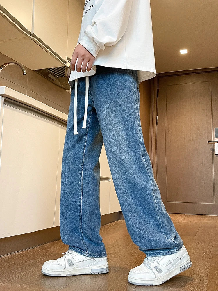 Men's Spring Summer Semi-Wide Leg Jeans Korean Fashion Washed Cotton Casual Denim Pants Black Blue Straight Trousers - Clikcy