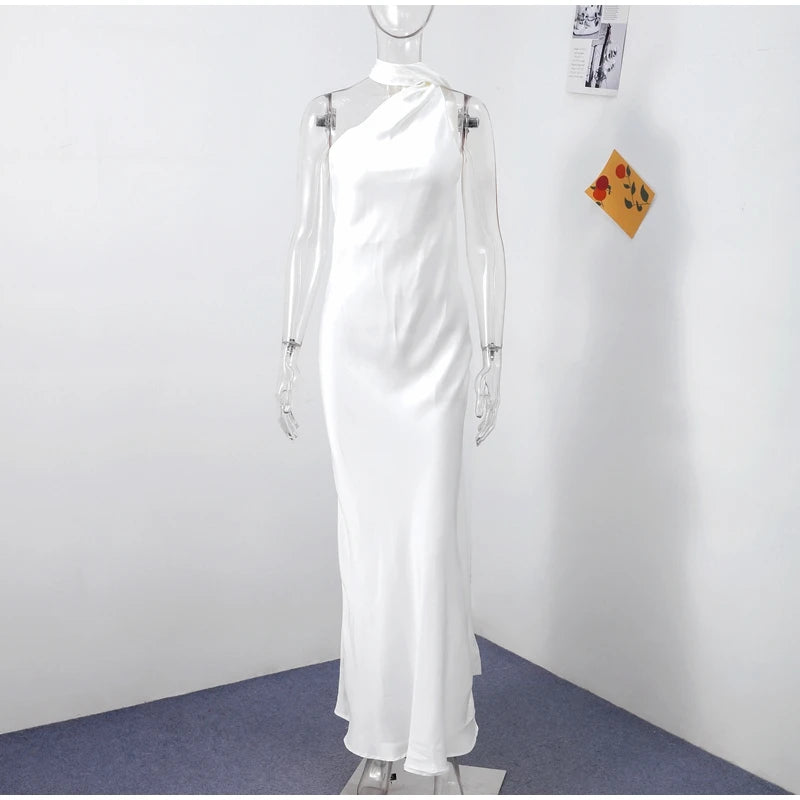 Sexy Satin Ribbon Party Dress Women Elegant Halter Backless Off Shoulder Sleeveless Female Dresses 2024 Summer Solid Robe Gown - Clikcy