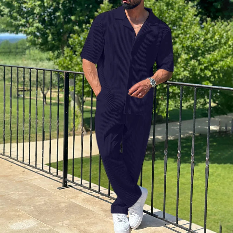 Summer Fashion Casual Loose Men's Button Open Shirt Short Sleeve Pants Set Home Vacation Thin Breathable Quick Drying 2-pie Set - Clikcy