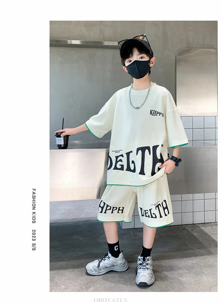 Children Summer Clothing Set For Boys Letter Print Sport Suit Kids Teenager Cotton Outfits Casual Short Sleeve Tracksuit Costume - Clikcy