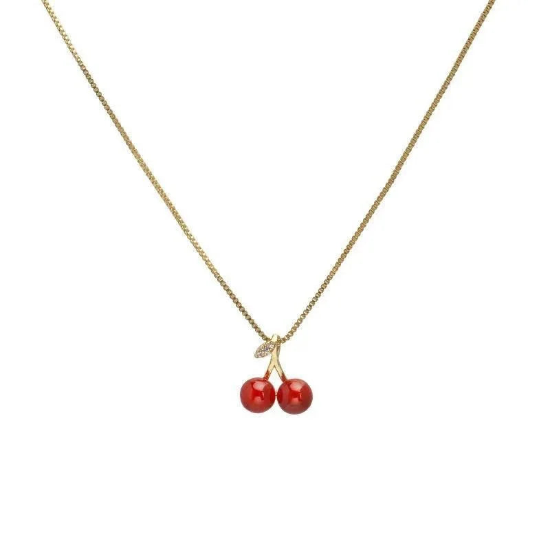Wine Red Cherry Gold Colour Pendant Necklace Earrings set For Women Personality Fashion Necklace Wedding Jewelry Birthday Gifts - Clikcy