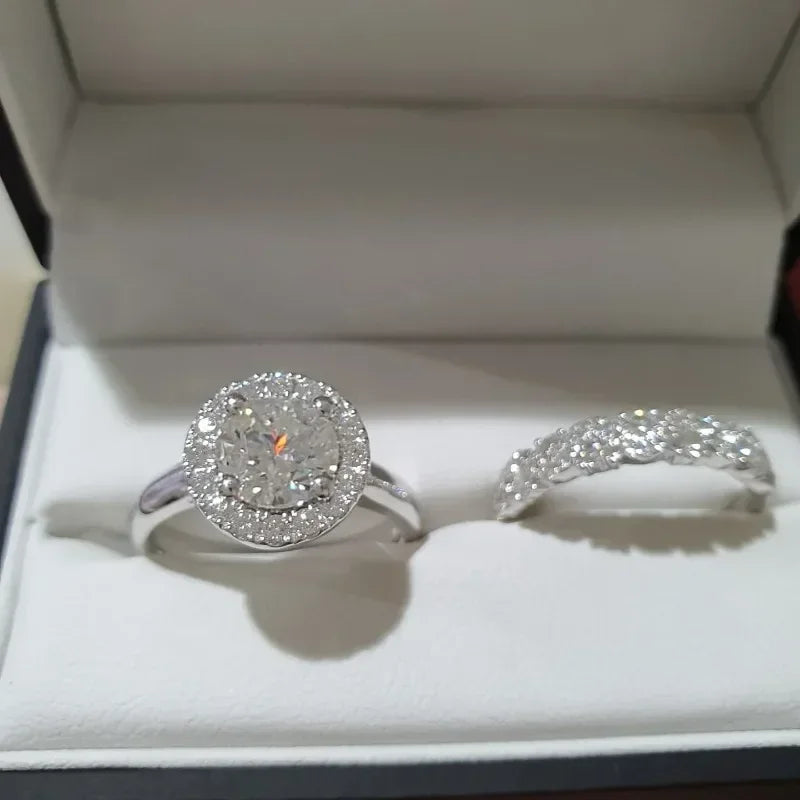 Elegant White Stone Zircon Luxury Engagement Silver Color Round Rings Set Party Anniversary Wedding Rings for Women - Clikcy