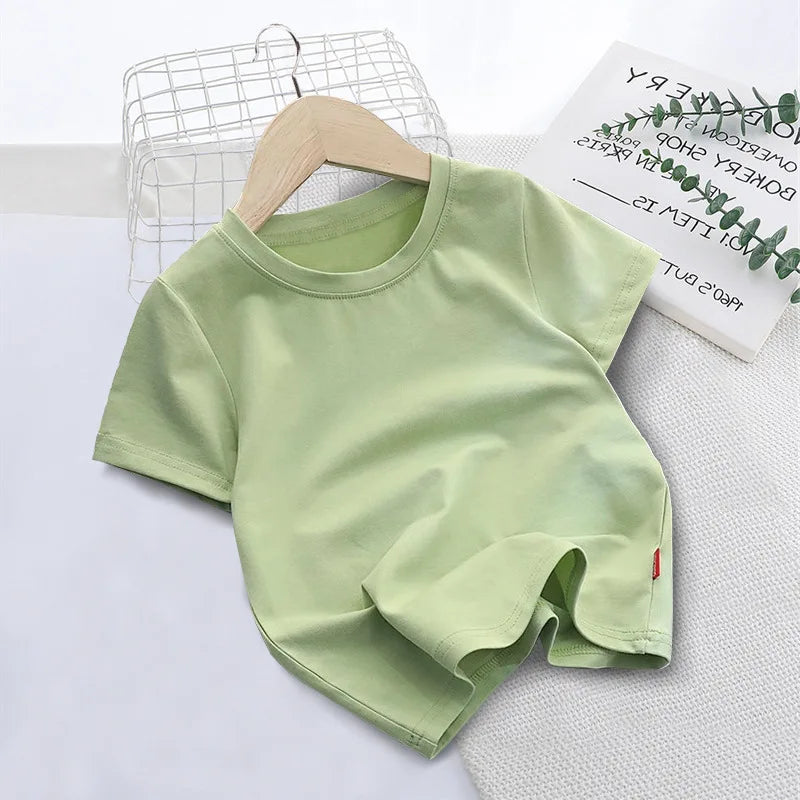 Summer Solid Color Children Cotton T-shirt for Boys Girls White Tops Tees Kids Clothes 2-10Y Student Casual Tee - Clikcy