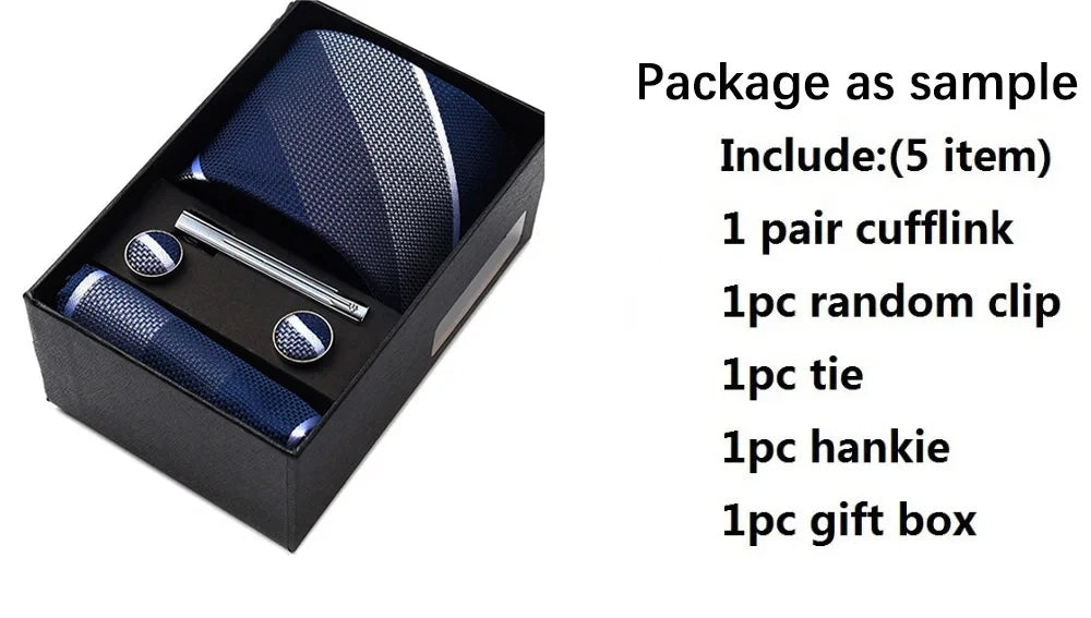 Classic 100% Silk Men's Ties In Gift box 8cm Plaid Dot Striped Business Necktie Handkerchief Cufflinks Wedding Party Tie Set - Clikcy