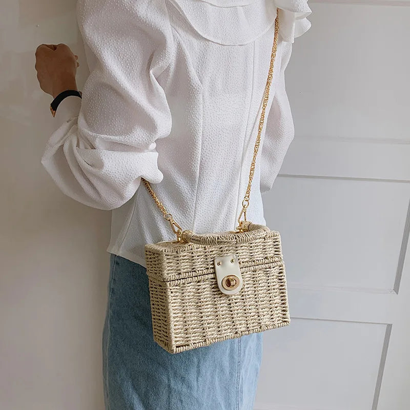 Summer Box Small Purse and Handbags For Women Rattan Straw Woven Crossbody Shoulder Bags Female Fashion Chain Travel Beach Bags - Clikcy