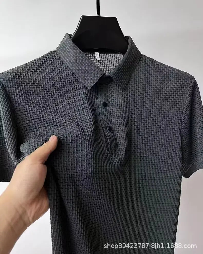 New style ice silk jacquard polo shirt short sleeve summer men's t-shirt casual business fashion stand collar t-shirt men - Clikcy