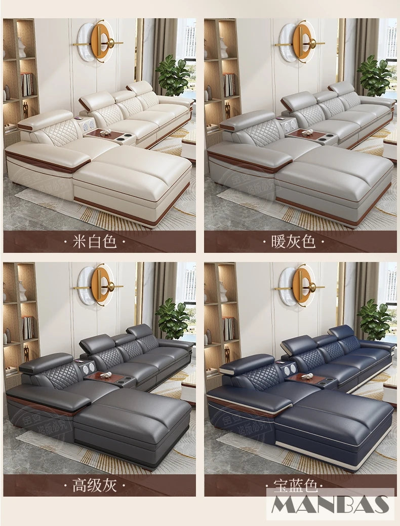 MINGDIBAO Premium Italian Genuine Leather Sofa Set for Living Room with Adjustable Headrests, Bluetooth Speaker, Wireless Charge