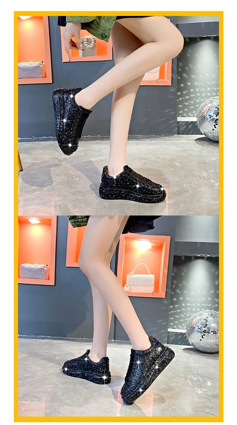 2025 Autumn Leather Women Shoes New Style Fashion Platform Shoes Ins Platforms Sneakers Tide Shine Bling Rhinestone Shoes - Clikcy