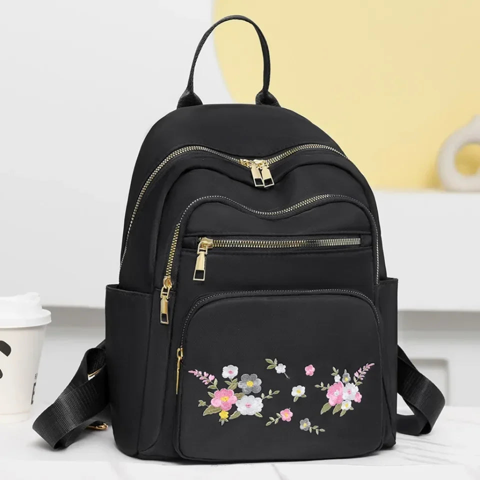 Fashion Nylon Backpack For Women Embroidery Design Student School Bag Leisure Travel Rucksack Popular Girl Commuting Sac A Dos - Clikcy