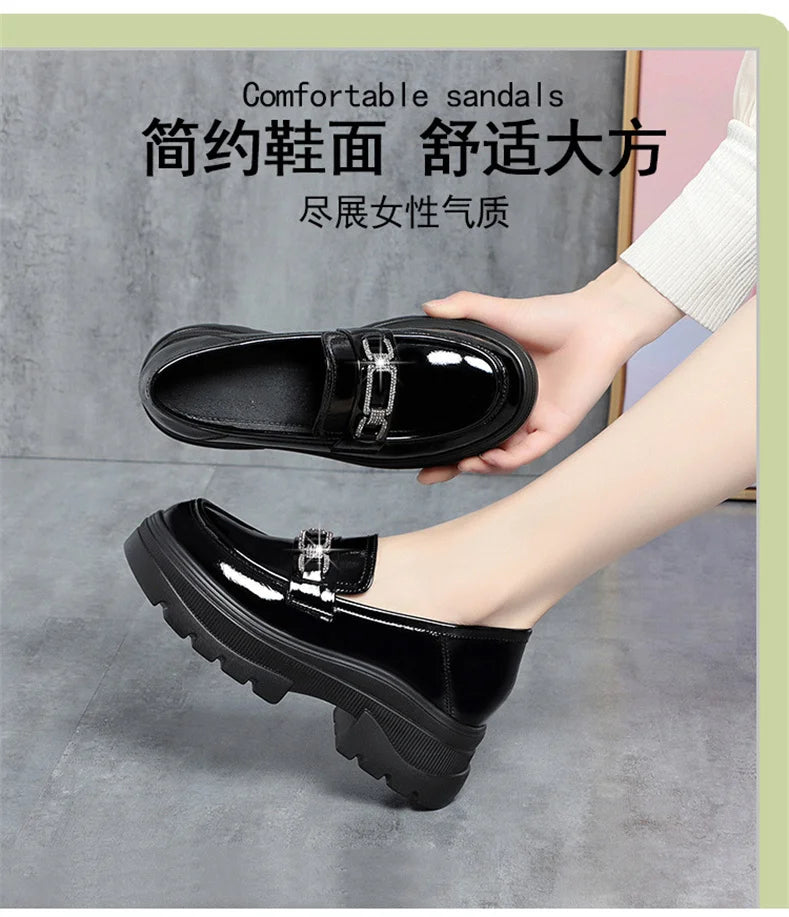 Platform Loafers New Women's Shoes Soft Leather Thick Heels British Small Round Toe Metal Decoration White Leather Shoes - Clikcy