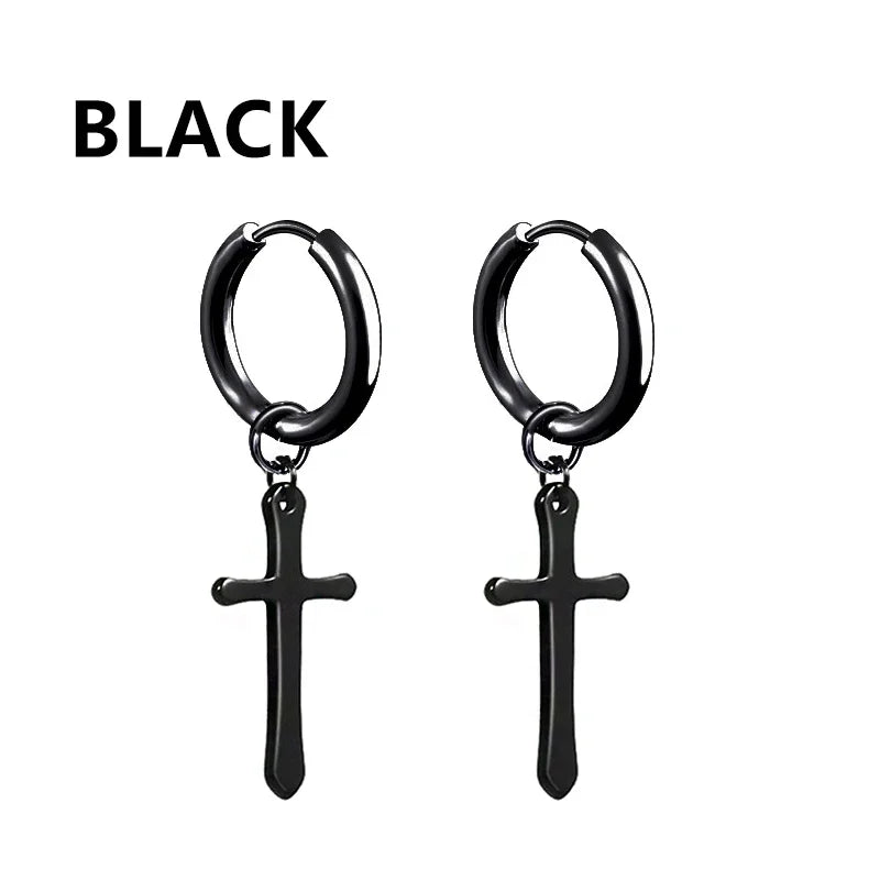 2pc Stainless Steel Men Cross Stars Punk Dangle Earrings Gothic Woman Cross Ear Hoop Earrings Huggies Pendant Piercing Jewelry - Clikcy