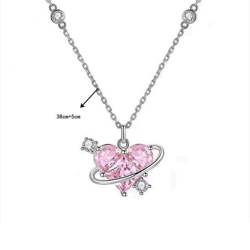 Y2K Pink Planet Heart Zircon Pendant Necklaces Women Fashion Aesthetic Clavicle Chain Necklace Valentines Day Gift Party Jewelry - Clikcy