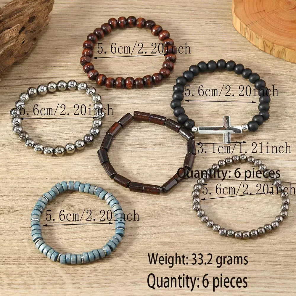 Cross Life Tree 5Pcs/set Vintage Bronze Ethnic Casual Wood Beads Feather Charm Leather Women Bracelets Men Male Jewelry - Clikcy