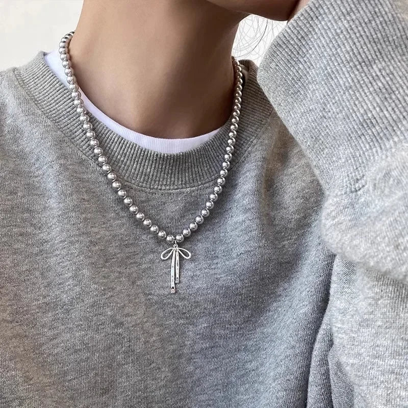 LATS Gray Pearls Bowknot Pendant Necklace for Women Girls Graceful Butterfly Choker Chain Jewelry Gift Accessories - Clikcy