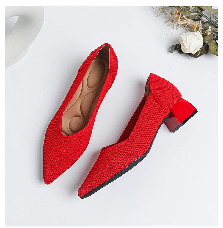 Women's large high-heeled shoes Multicolor pointy knit breathable comfortable anti-skid rubber sole work shoes 2023 new autumn