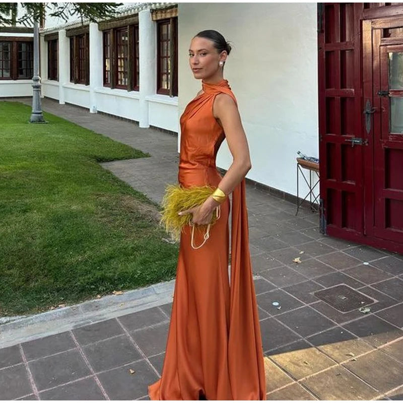 Sexy Satin Ribbon Party Dress Women Elegant Halter Backless Off Shoulder Sleeveless Female Dresses 2024 Summer Solid Robe Gown