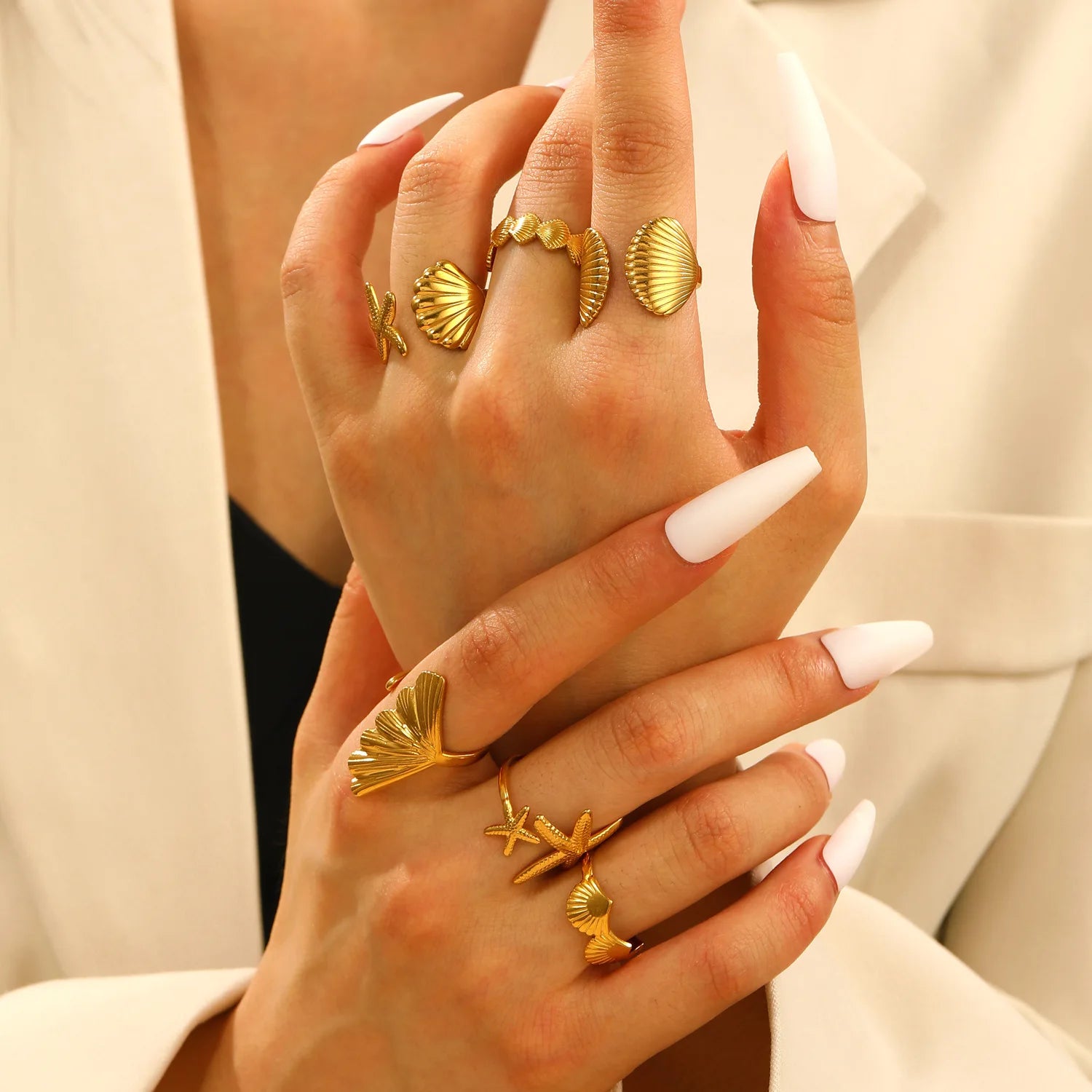 MHS.SUN Ocean Style Stainless Steel Starfish Shell Rings For Women Girl Vintage Gold Plated Open Ring Summer Beach Jewelry - Clikcy