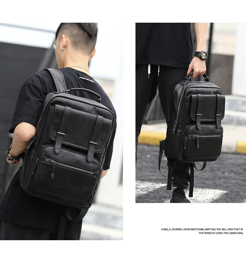 Simple Fashion Men's Backpack Soft Pu Leather Backpack Men Large Capacity 14inch Laptop Bag Students Schoolbags Travel Back Pack - Clikcy