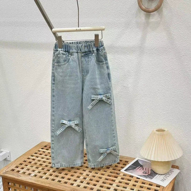 Summer Childrens Girls Clothing Sets Printed Bow Short Sleeve Top Jeans Suit Kids Girls 2pcs Sets 2-8 Years Girls Outfits - Clikcy