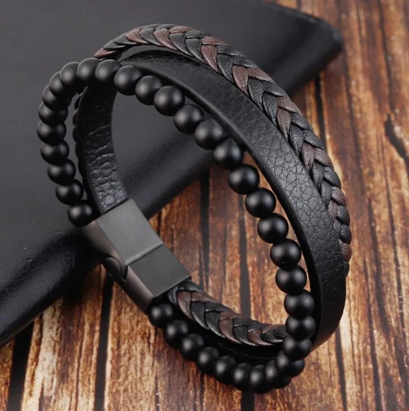 Classic Black Multilayer Leather Bracelet Men Casual Punk Party Jewelry Male Hand Band Gift - Clikcy