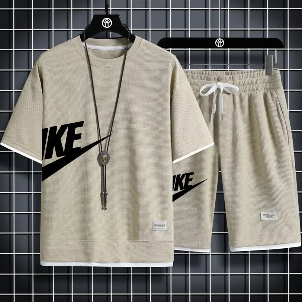 2024 Men's casual two-piece tracksuit Short sleeve and pants Summer Sports Fitness Jogging men's waffle suit fake two pieces - Clikcy