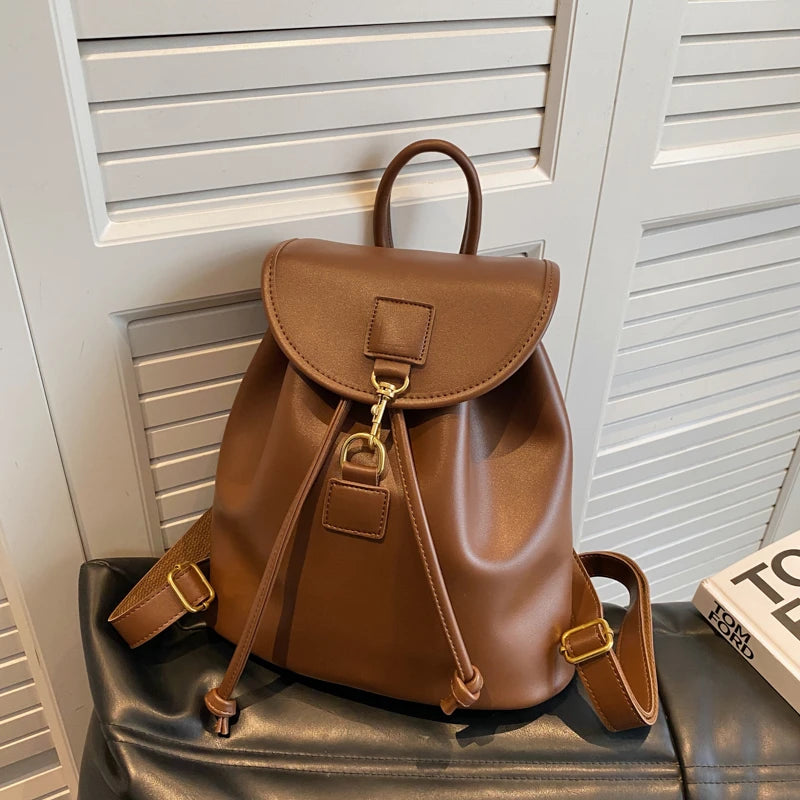Genuine PU Leather Backpack Female Large Capacity Casual School Bag Solid Drawstring Travel Shoulder Bag Korean Fashion Backpack - Clikcy