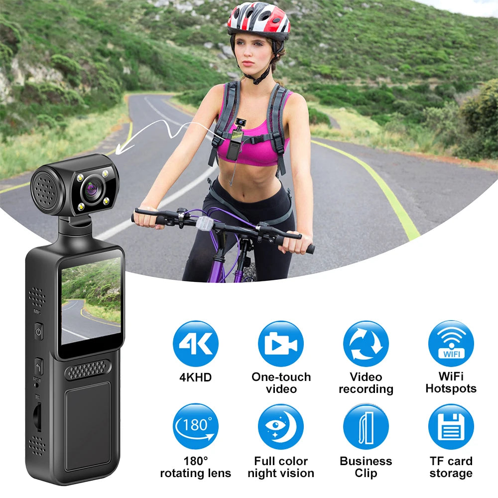 128GB 4K Ultra HD Action Mini Camera 180 Rotatable Vlog Wifi Sports Cam Waterproof Case Helmet Travel Bicycle Driver Recorder - Clikcy