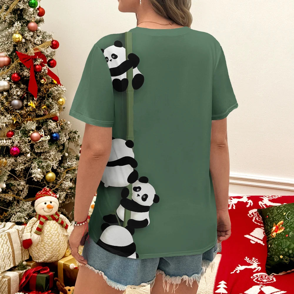 Fresh and cute style green base panda print daily casual fashion summer women's short sleeved T-shirt - Clikcy